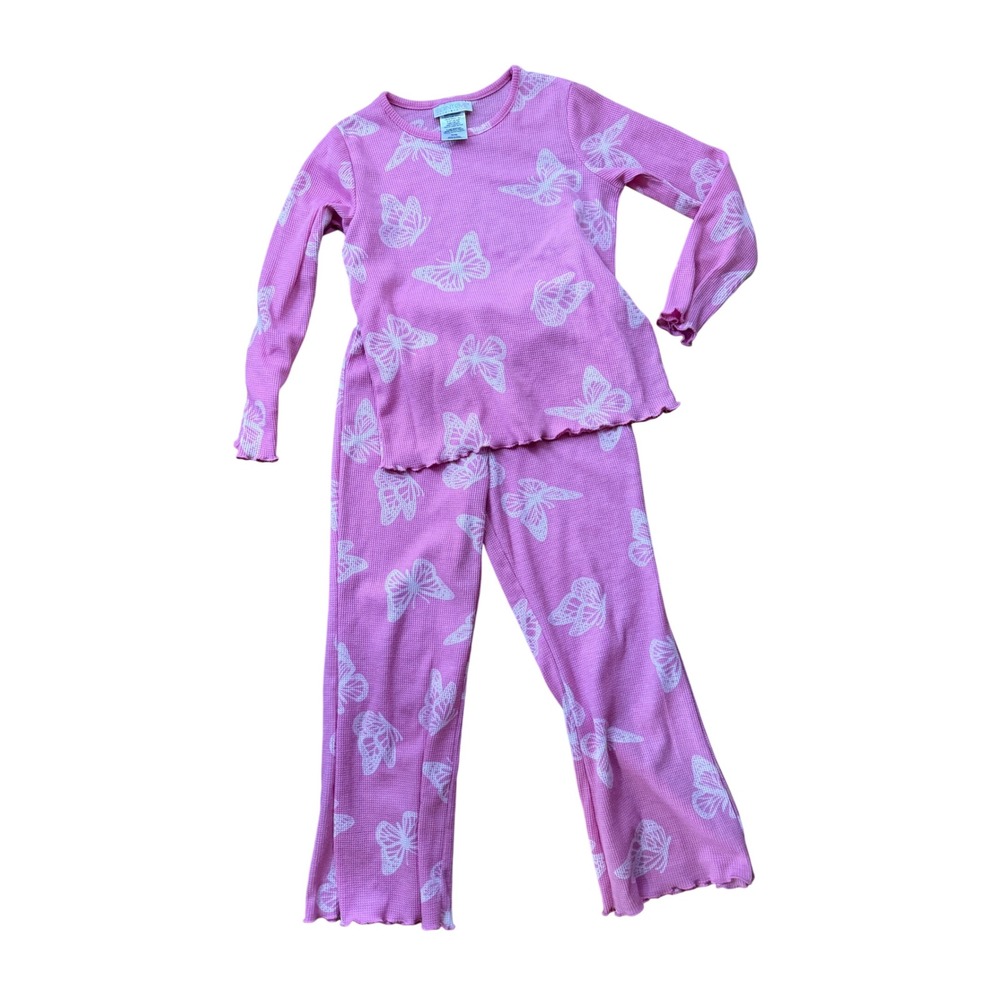 Saint Eve Kids Pink Butterfly Waffle Knit Pajama Set 2pc Size S 7/8 Lettuce Edge